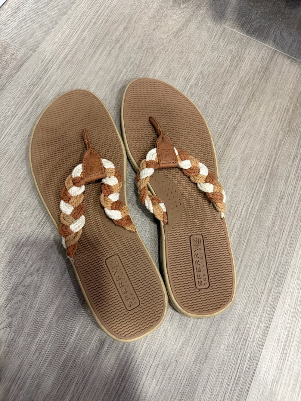 Sperry Braided Two-Tone Tan and Cream Toe-Post Sandals